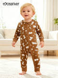 Baby Cowboy Print Romper in Coffee Brown with a Front Zipper and Long Sleeves for Everyday Outfits