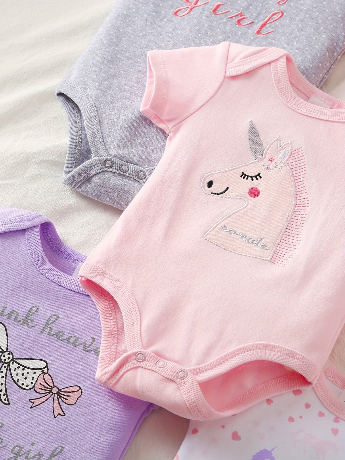 Baby Unicorn Bodysuits 5-Pack with Short Sleeves and Crotch Snaps in Pastel Prints for Everyday Outfits
