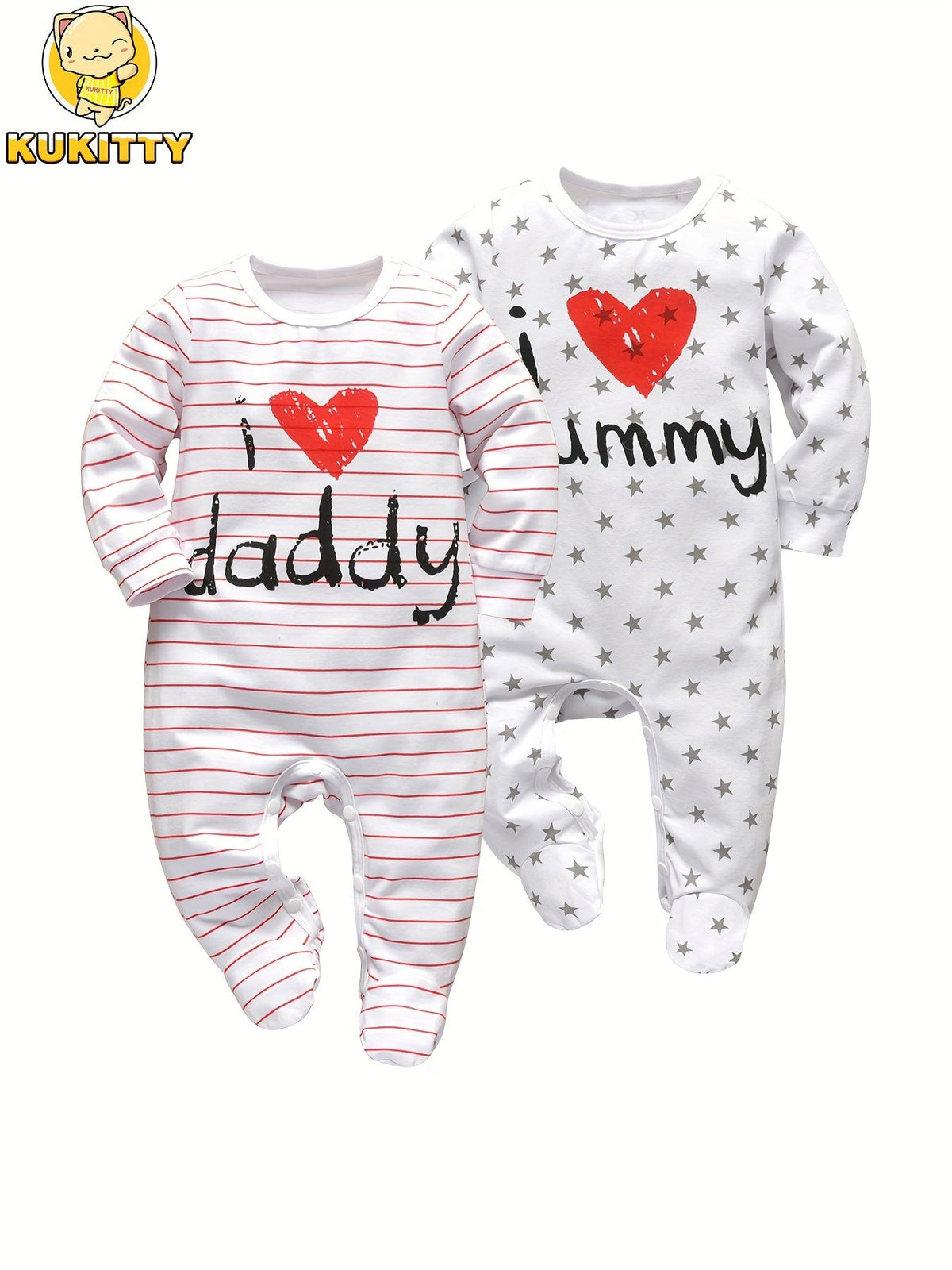 Baby Daddy and Mummy Footed Rompers 2-Pack with Long Sleeves and Family Slogan Prints for Everyday Outfits
