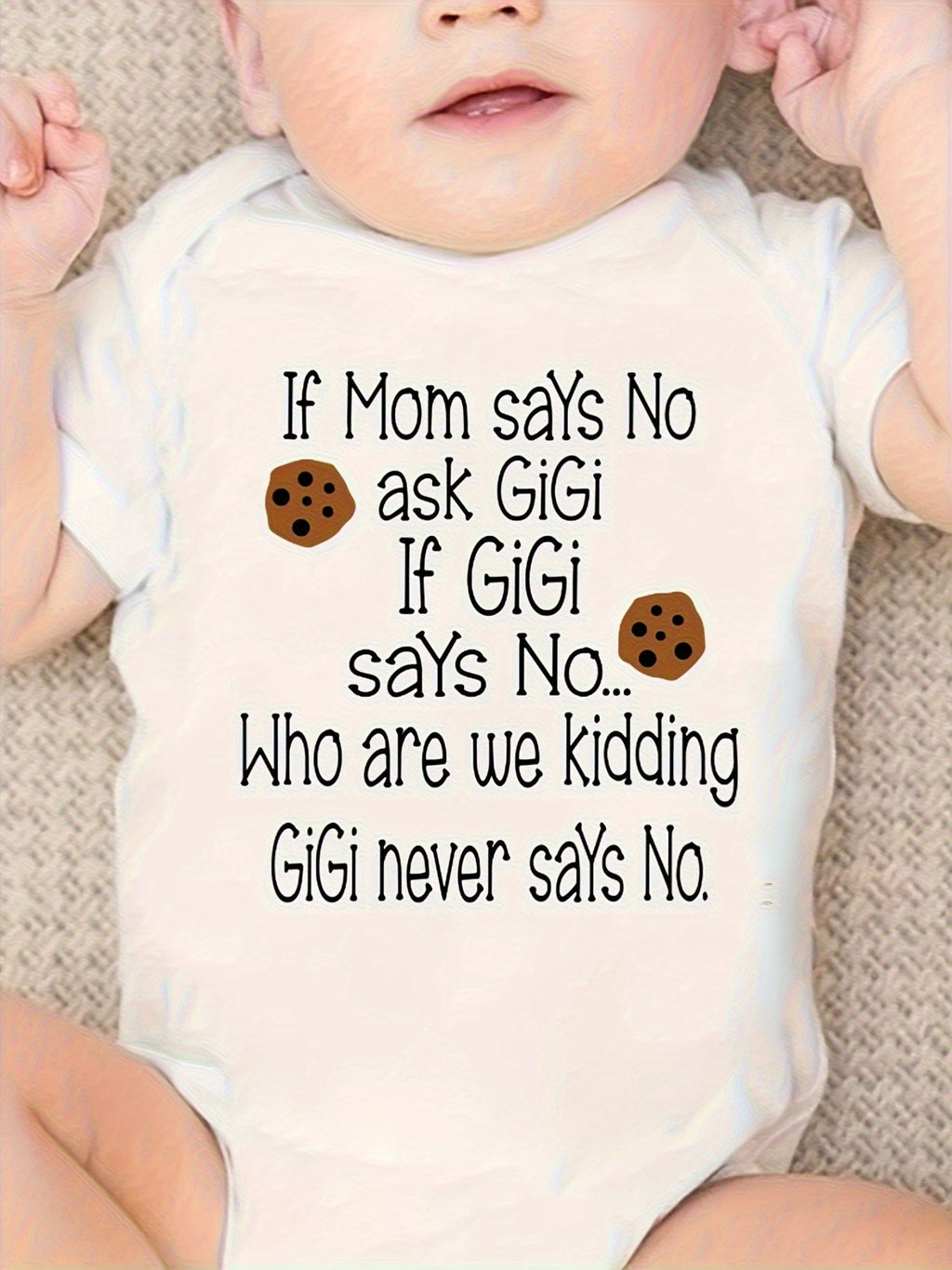 Baby Gigi Cookie Slogan Bodysuit in White with Short Sleeves and Overlap Shoulders for a Playful Family Outfit
