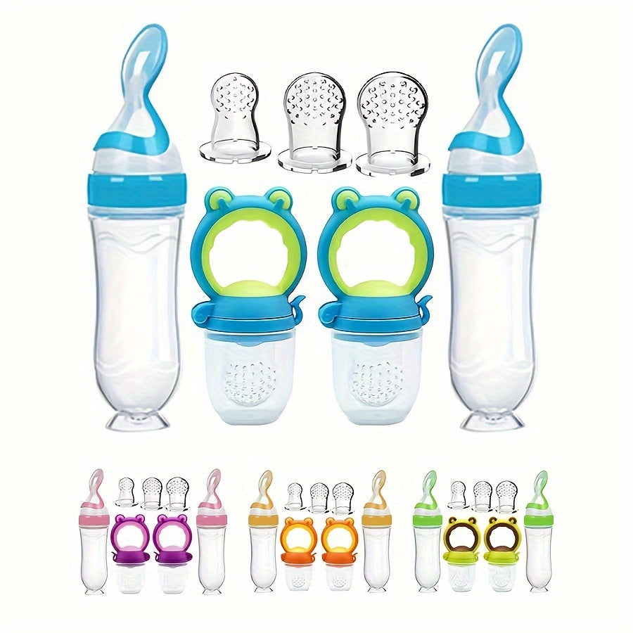 Baby Food Feeder Set of Seven Pieces with Squeeze Spoon Bottles and Handled Feeders for Supervised Feeding