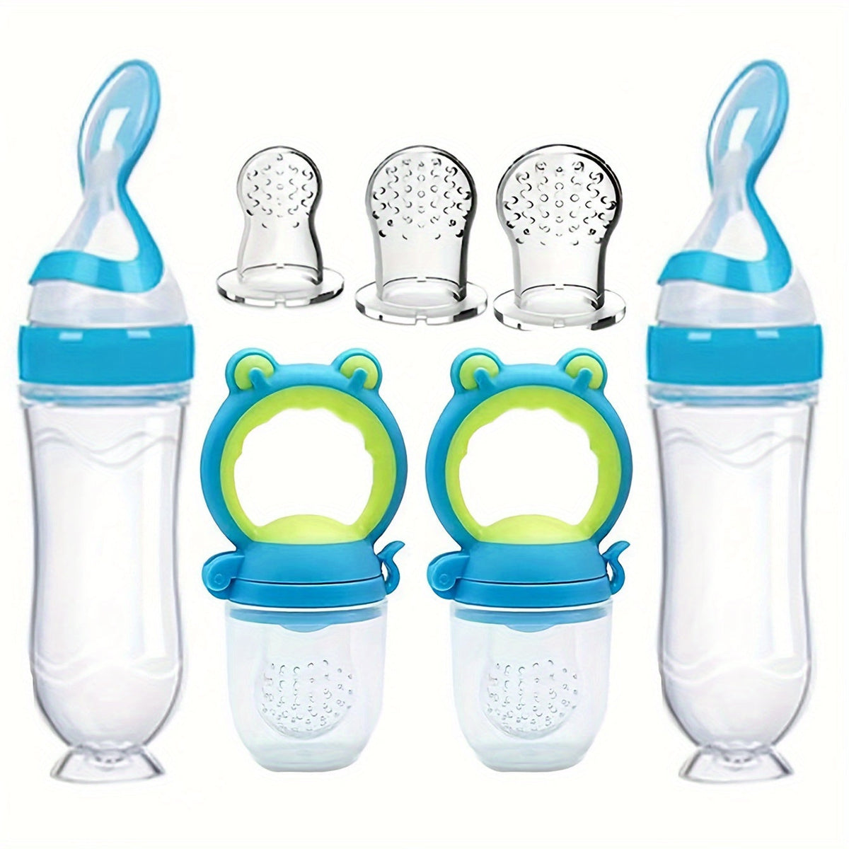 Baby Food Feeder Set of Seven Pieces with Squeeze Spoon Bottles and Handled Feeders for Supervised Feeding
