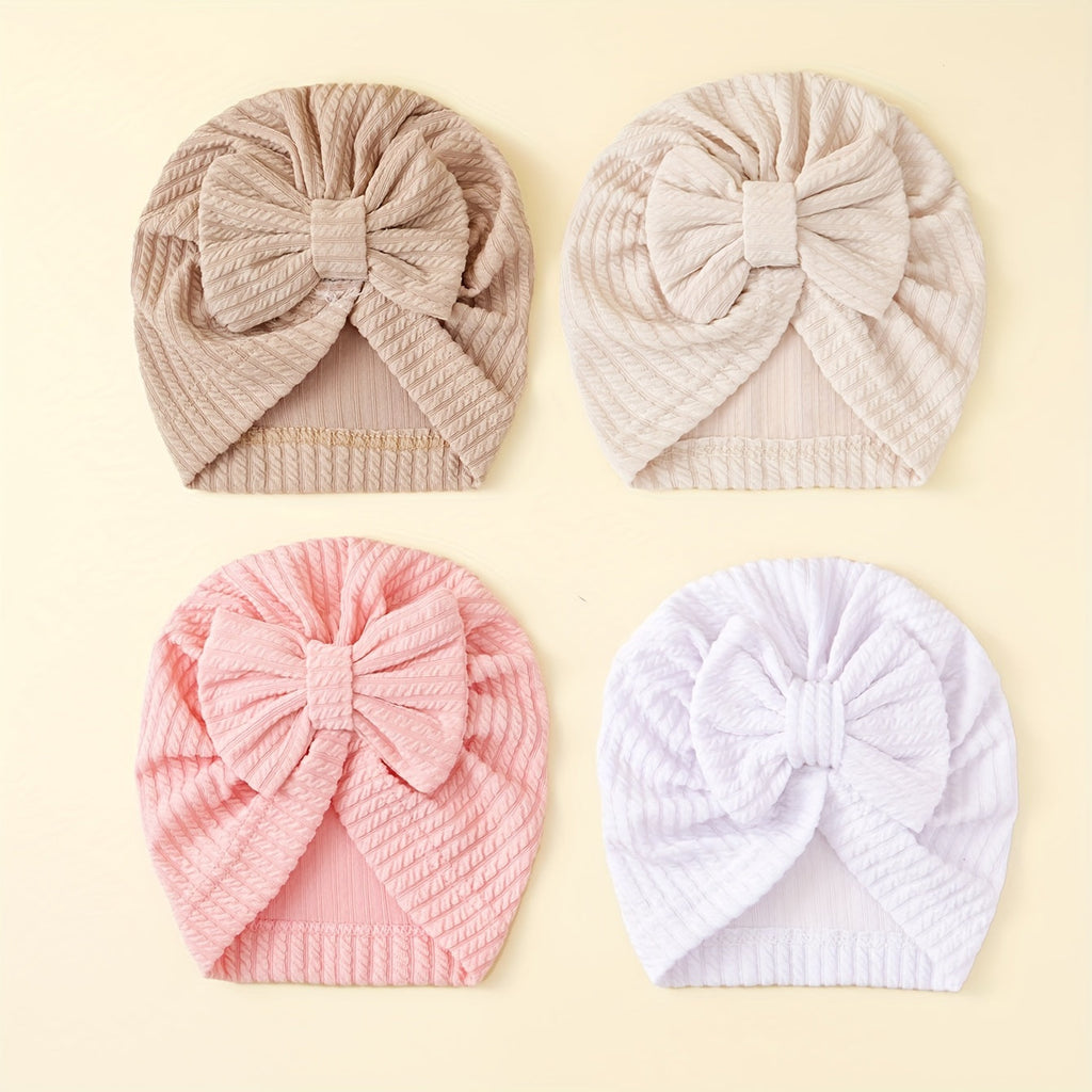 Baby Girl Bow Turban Hats Four Pack in Ribbed Neutral and Pink Colors for Coordinated Everyday Outfits