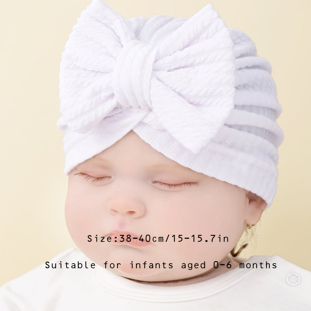 Baby Girl Bow Turban Hats Four Pack in Ribbed Neutral and Pink Colors for Coordinated Everyday Outfits