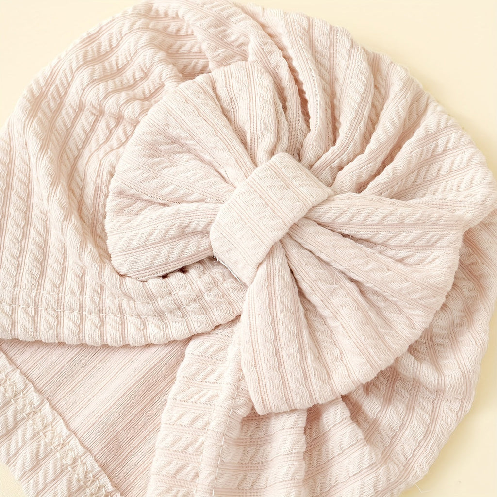Baby Girl Bow Turban Hats Four Pack in Ribbed Neutral and Pink Colors for Coordinated Everyday Outfits