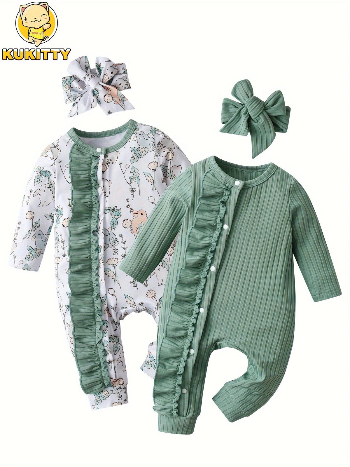 Baby Girls' Ruffle Front Rompers 2-Pack in Green and Rabbit Print with Long Sleeves for Everyday Outfits