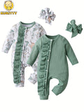 Baby Girls' Ruffle Front Rompers 2-Pack in Green and Rabbit Print with Long Sleeves for Everyday Outfits
