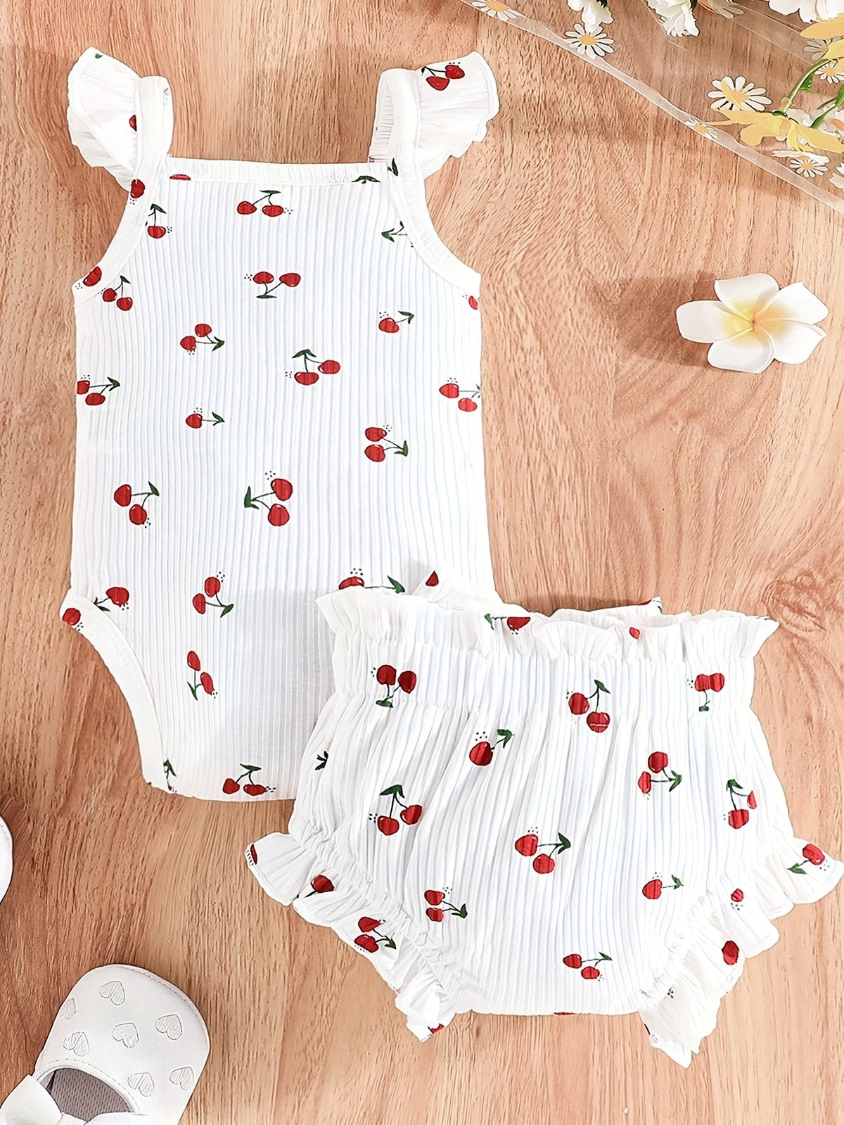 Baby Girl Cherry Outfit Set with a Ruffle Strap Bodysuit and Bow Shorts in White for Spring and Summer