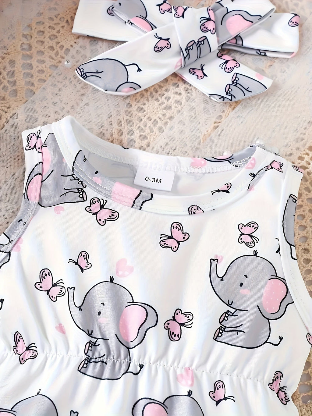 Baby Girls' Elephant Bodysuit in White with Pink Butterfly Print and a Matching Bow Headband for Summer