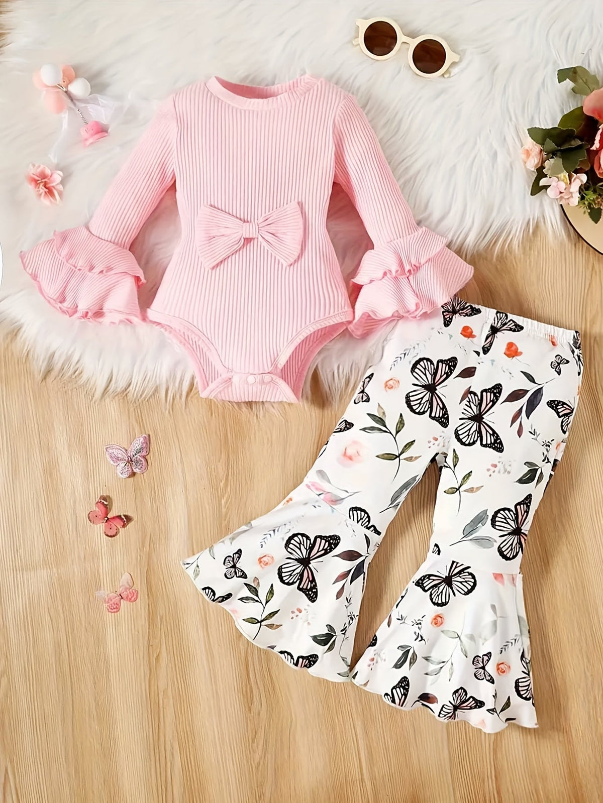 Baby Girl Outfit Set with a Pink Bow Front Bodysuit and Butterfly Flared Pants for Coordinated Daytime Wear