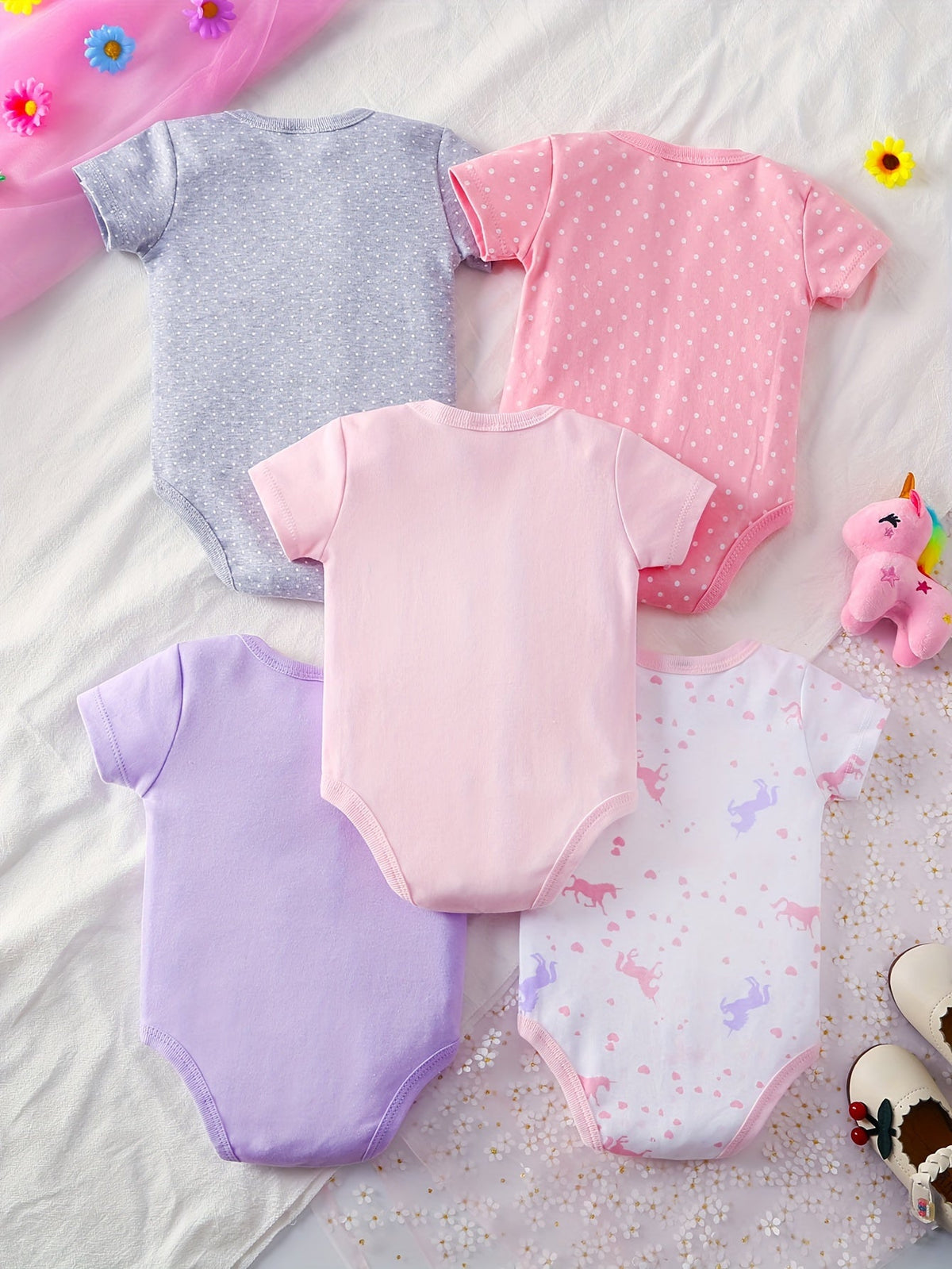 Baby Short Sleeve Bodysuits 5-Pack with Unicorn or Vehicle Prints and Crotch Snaps for Daily Changes