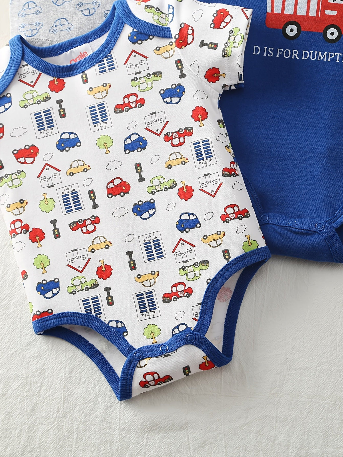 Baby Short Sleeve Bodysuits 5-Pack with Unicorn or Vehicle Prints and Crotch Snaps for Daily Changes
