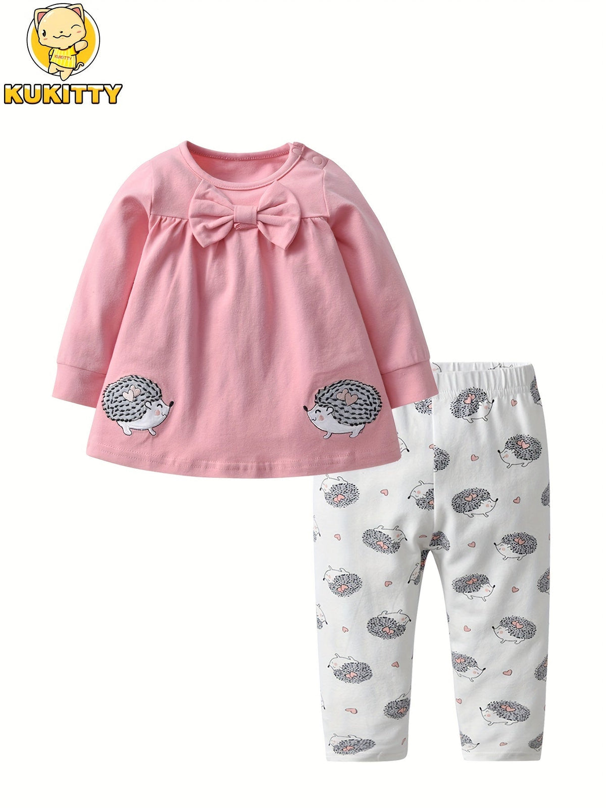 Baby Girls' Two Piece Cartoon Top and Pants Set with Long Sleeves and Coordinated Prints for Daily Wear