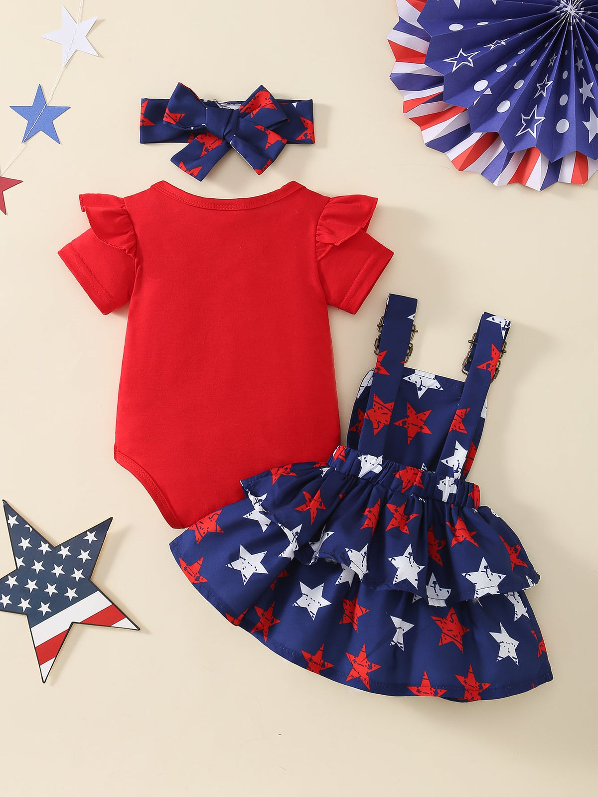 Baby Girl Outfit Set with a Red Ruffle Bodysuit and Star Print Pinafore for Fourth of July Celebrations