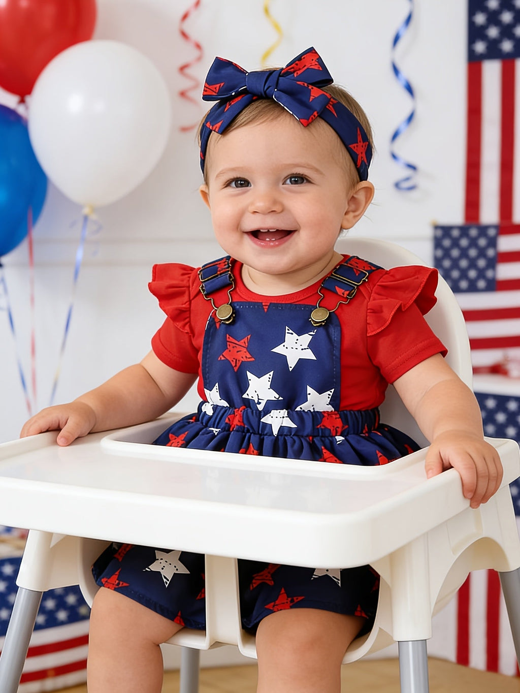 Baby Girl Outfit Set with a Red Ruffle Bodysuit and Star Print Pinafore for Fourth of July Celebrations