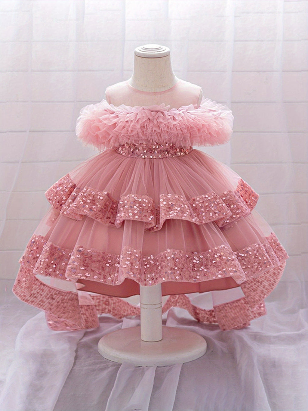Baby Girls' Pink Tulle Party Dress with Sequin-Trimmed Tiers and a Back Bow for Birthday Celebrations