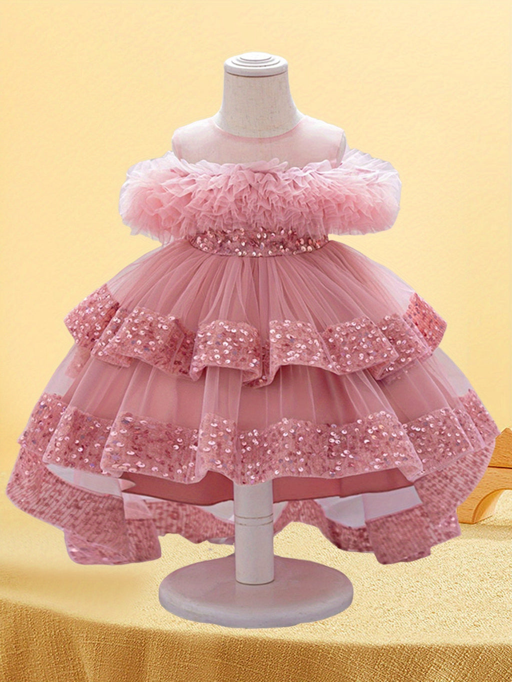 Baby Girls' Pink Tulle Party Dress with Sequin-Trimmed Tiers and a Back Bow for Birthday Celebrations