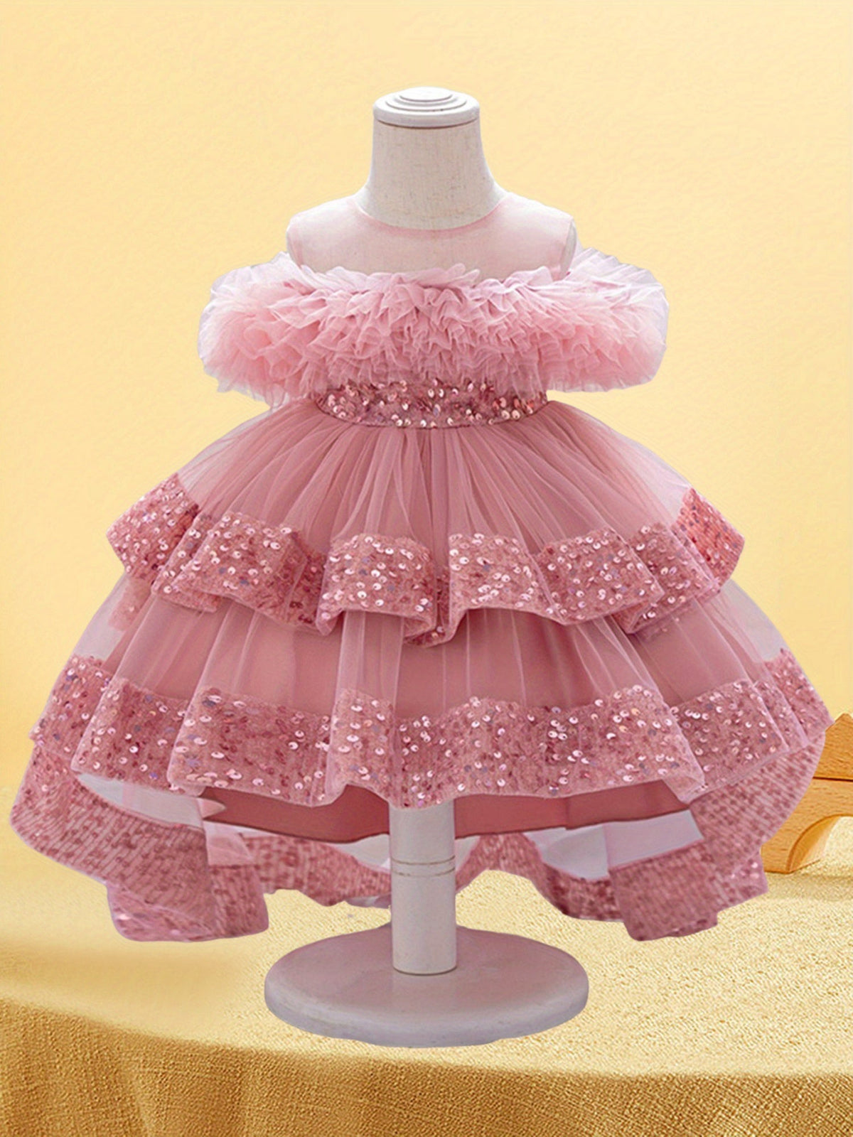 Baby Girls' Pink Tulle Party Dress with Sequin-Trimmed Tiers and a Back Bow for Birthday Celebrations