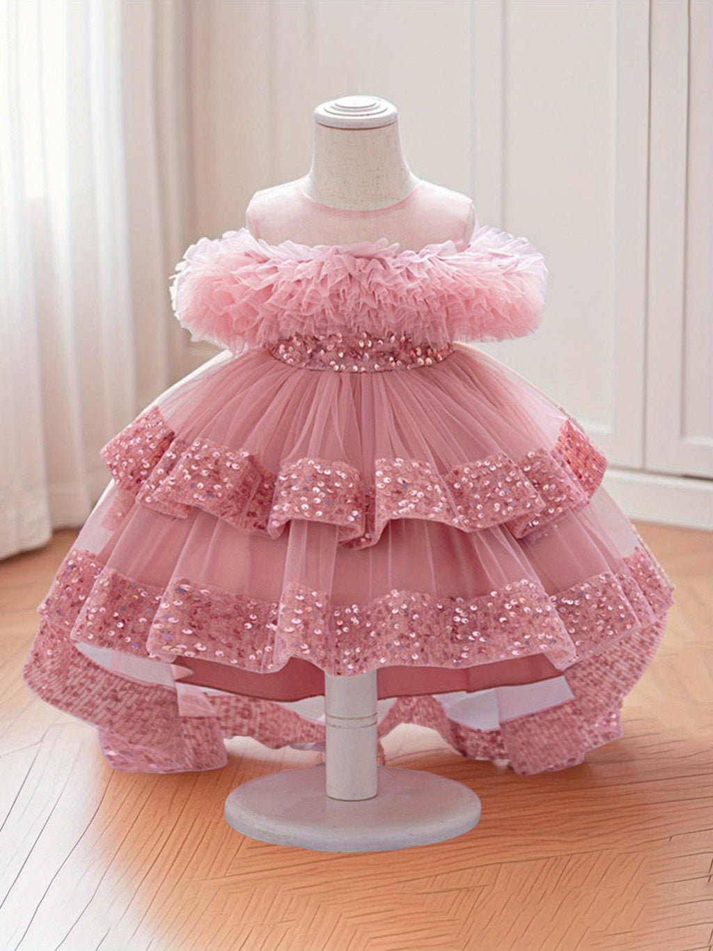 Baby Girls' Pink Tulle Party Dress with Sequin-Trimmed Tiers and a Back Bow for Birthday Celebrations