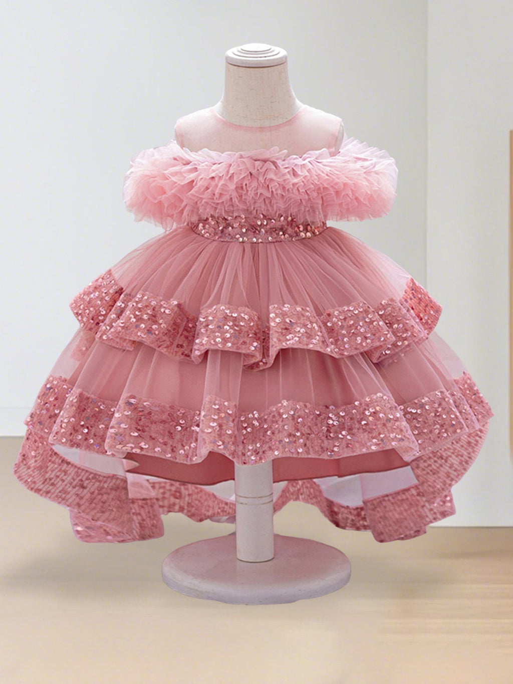 Baby Girls' Pink Tulle Party Dress with Sequin-Trimmed Tiers and a Back Bow for Birthday Celebrations