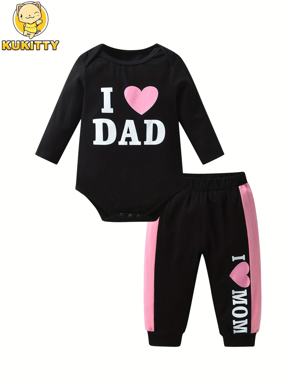 Baby Girl Bodysuit and Pants Set, I Love Mom and Dad Prints with Pink Side Stripes for Everyday Dressing