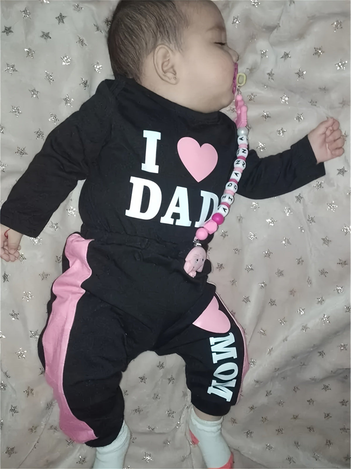 Baby Girl Bodysuit and Pants Set, I Love Mom and Dad Prints with Pink Side Stripes for Everyday Dressing