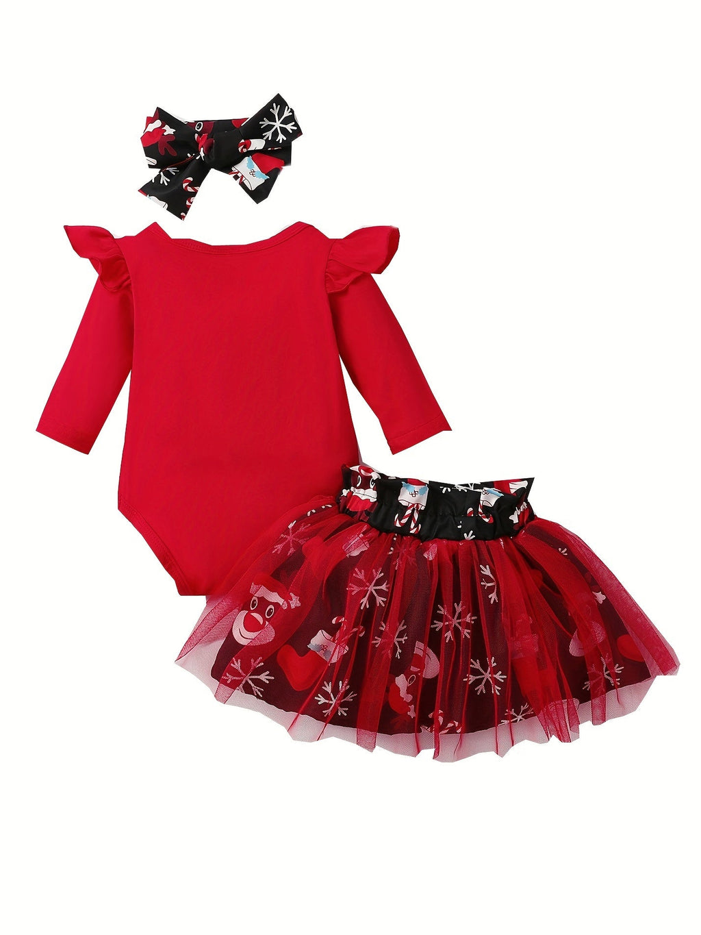 Baby Girls' Santa Baby Christmas Bodysuit and Mesh Skirt Set with a Matching Bow Headband for Holiday Photos