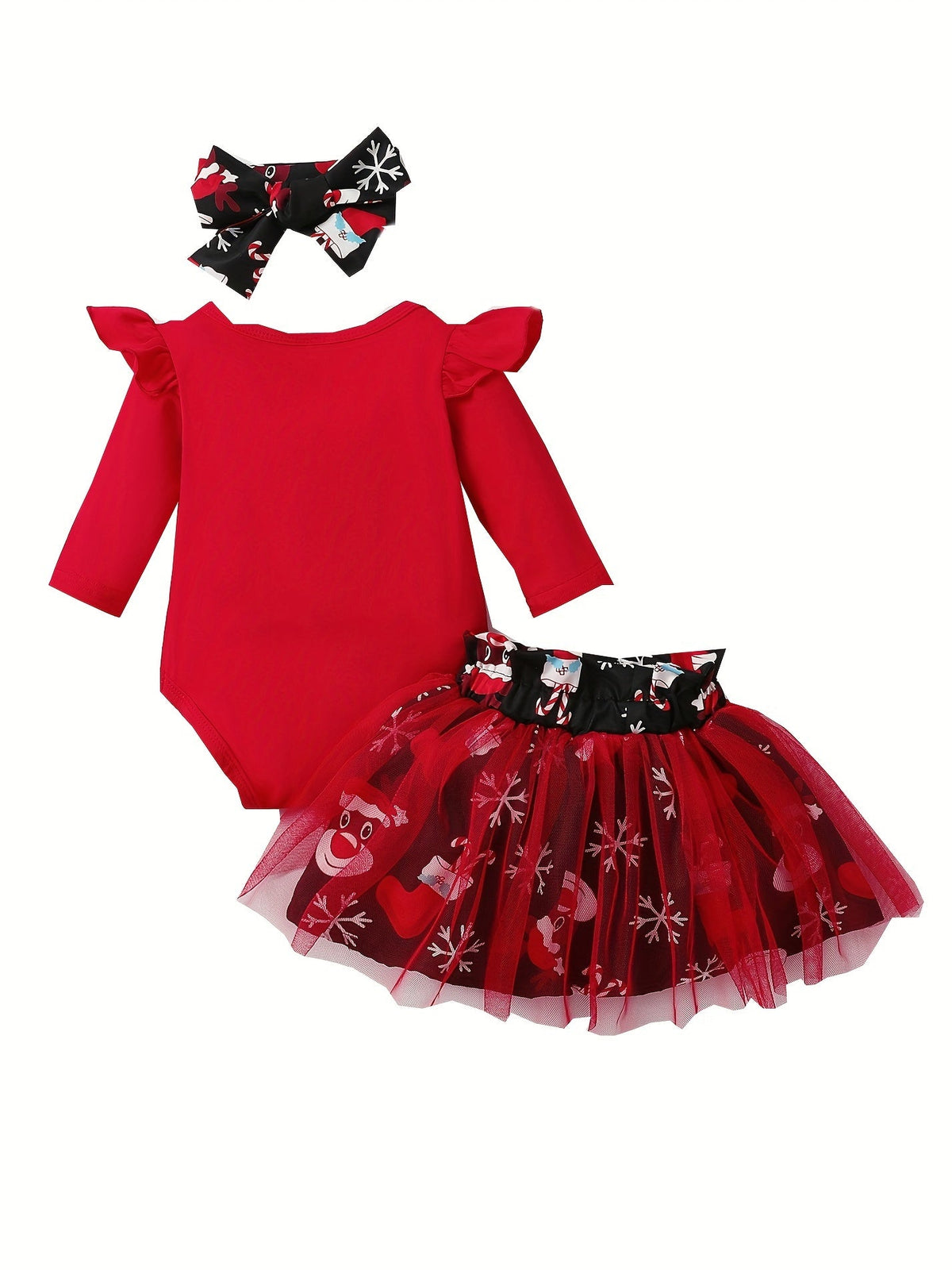 Baby Girls' Santa Baby Christmas Bodysuit and Mesh Skirt Set with a Matching Bow Headband for Holiday Photos