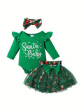 Baby Girls' Santa Baby Christmas Bodysuit and Mesh Skirt Set with a Matching Bow Headband for Holiday Photos