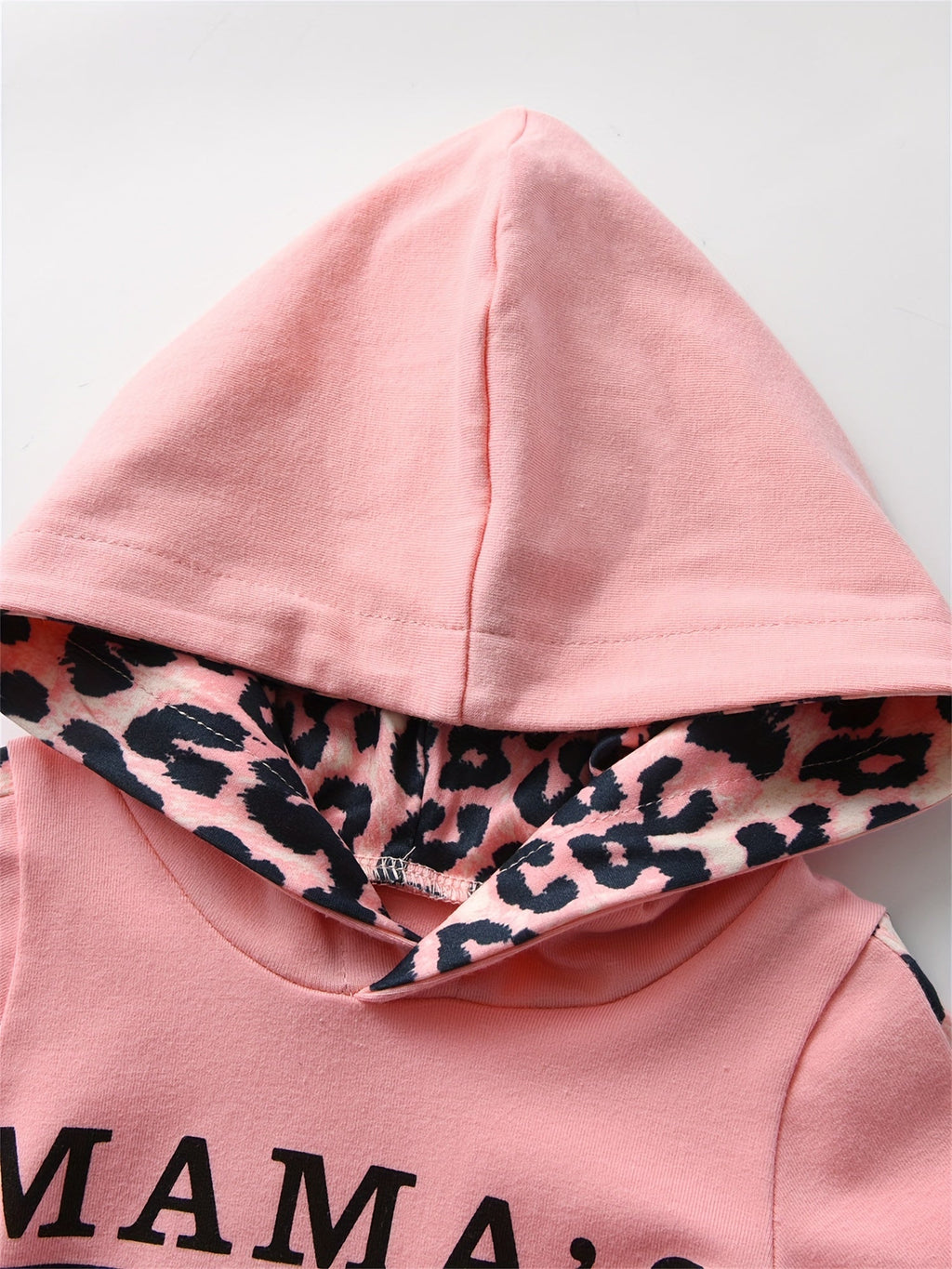 Baby Girls' Hooded Bodysuit Set with Mama's Mini Lettering and Leopard Trim Pants in Pink or Black