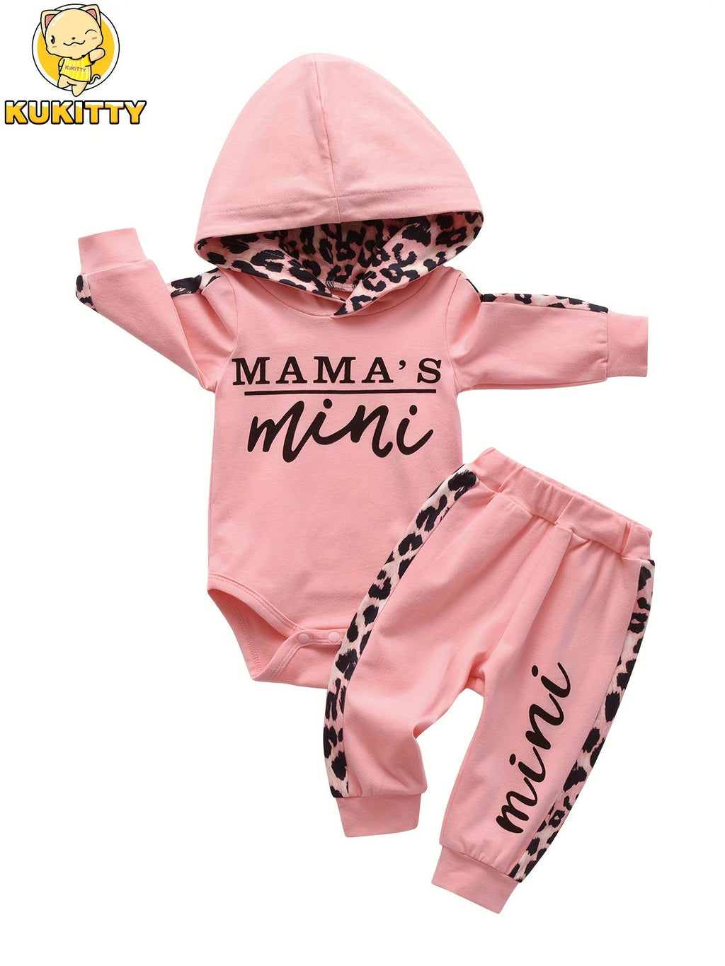 Baby Girls' Hooded Bodysuit Set with Mama's Mini Lettering and Leopard Trim Pants in Pink or Black
