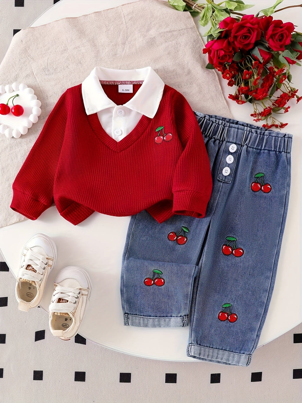Baby Girls' Cherry Outfit Set for Casual Days with a Red Collared Ribbed Top and Embroidered Jeans