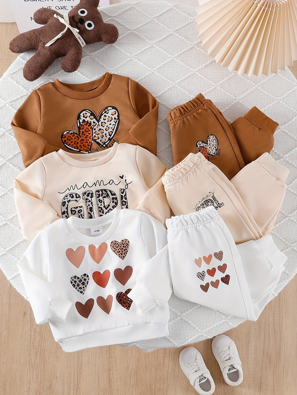 Baby Girls' Sweatshirt Outfit Sets in a Six-Piece Pack with Heart Graphics and Matching Jogger Pants