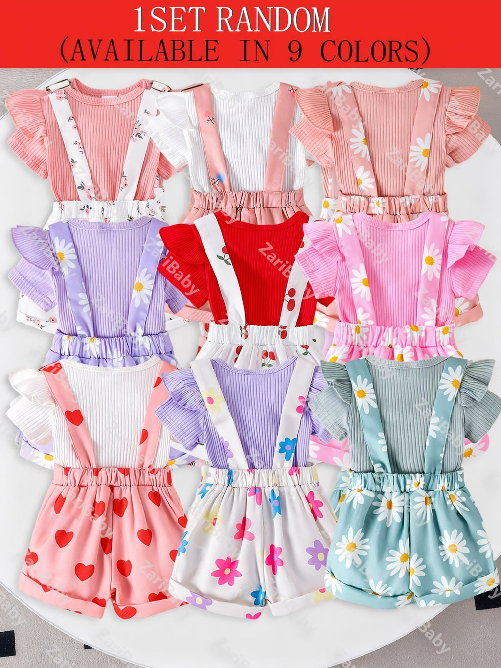 Baby Girls' Random Print Overall Outfit with a Ribbed Flutter Sleeve Bodysuit and Buckled Short Overalls