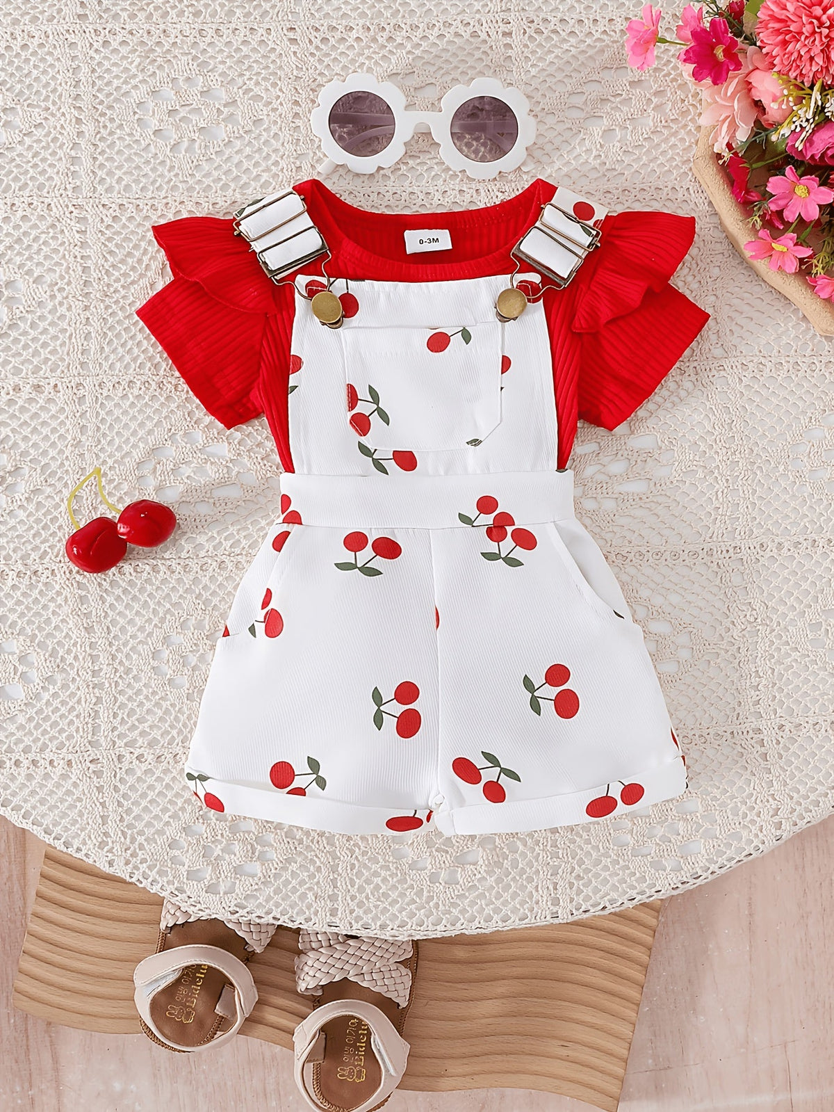 Baby Girls' Random Print Overall Outfit with a Ribbed Flutter Sleeve Bodysuit and Buckled Short Overalls