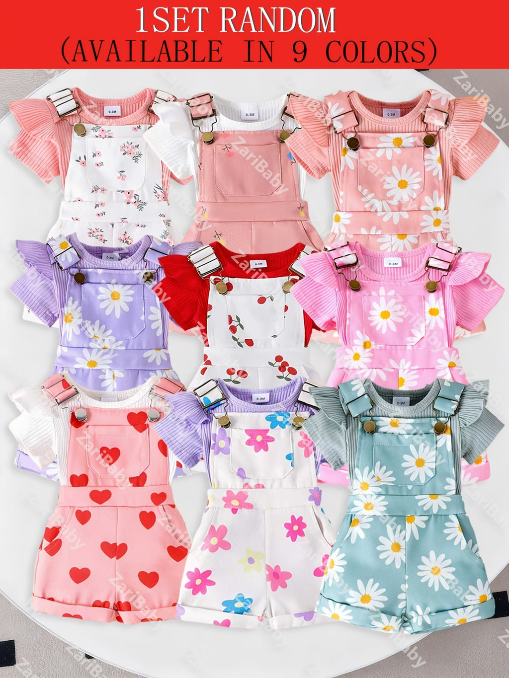 Baby Girls' Random Print Overall Outfit with a Ribbed Flutter Sleeve Bodysuit and Buckled Short Overalls