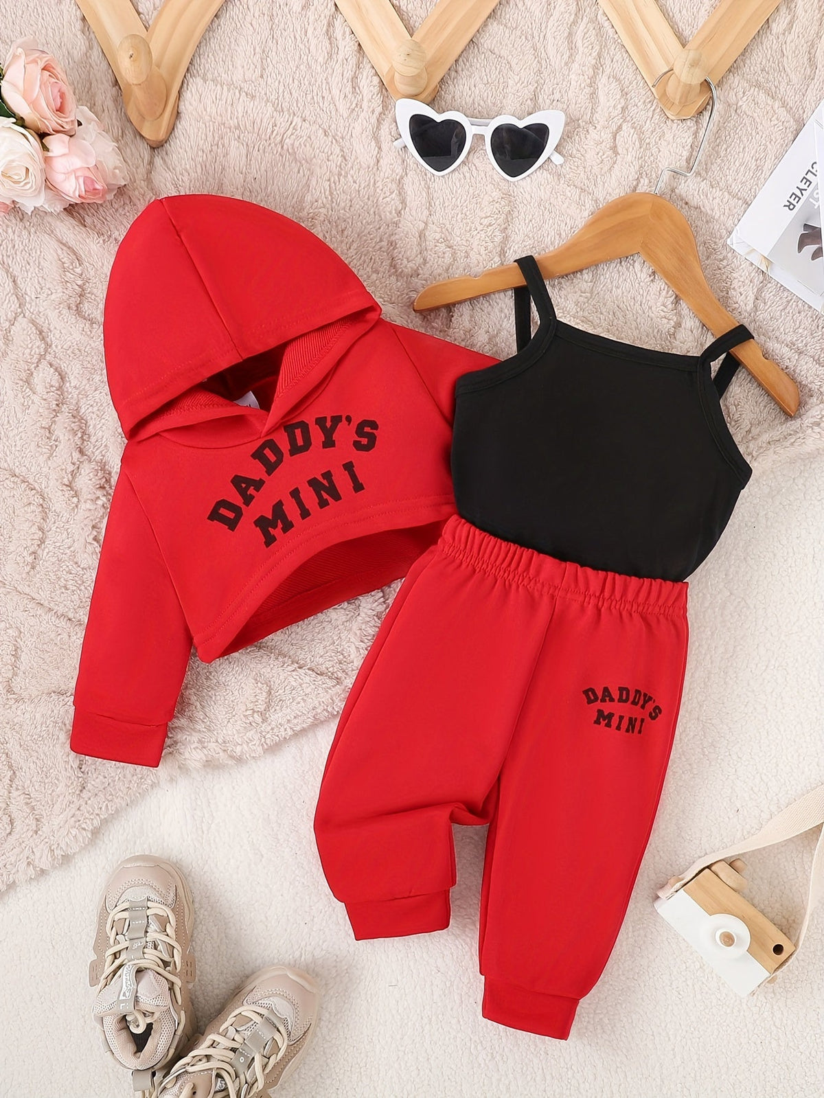 Baby Girl Daddy's Mini Outfit Set with a Cropped Hoodie Cami Top and Cuffed Pants in Sepia Tones