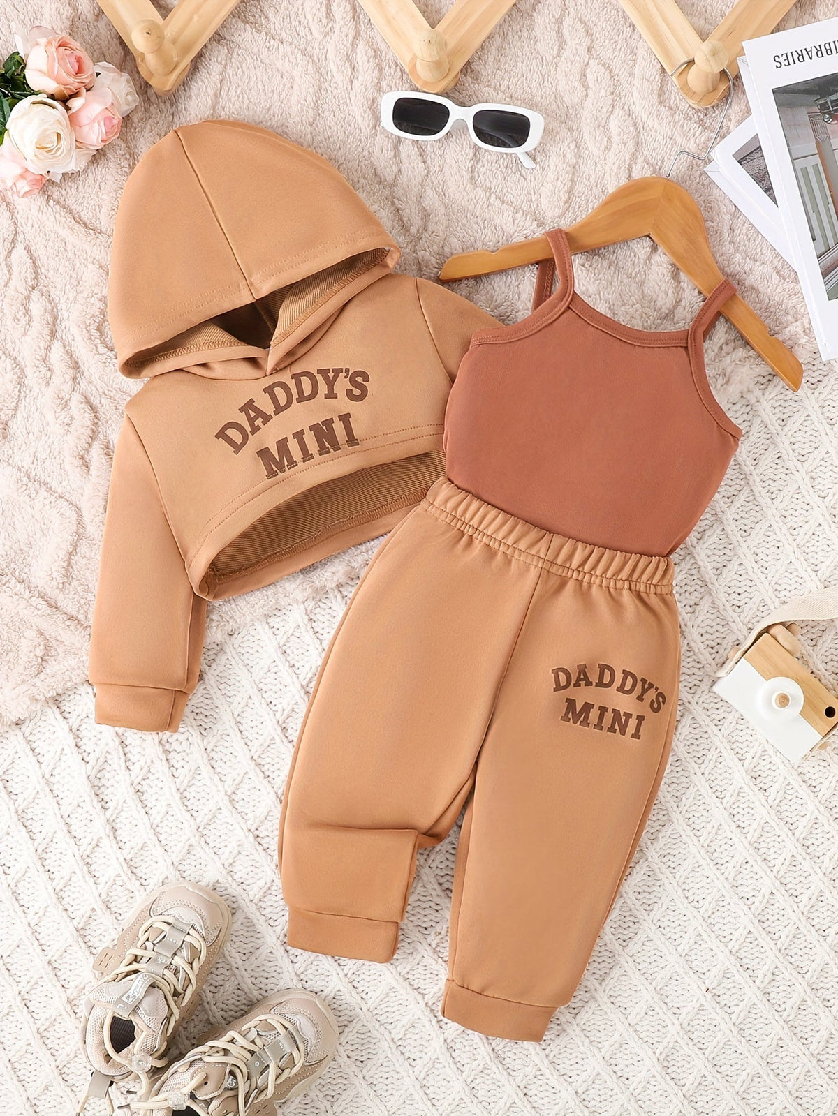 Baby Girl Daddy's Mini Outfit Set with a Cropped Hoodie Cami Top and Cuffed Pants in Sepia Tones