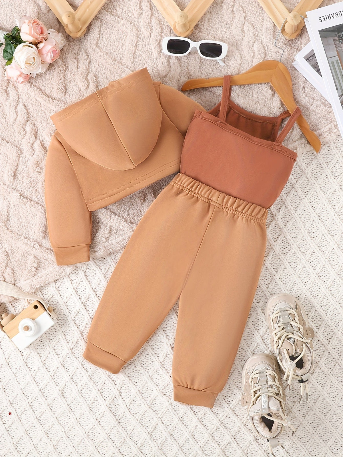 Baby Girl Daddy's Mini Outfit Set with a Cropped Hoodie Cami Top and Cuffed Pants in Sepia Tones