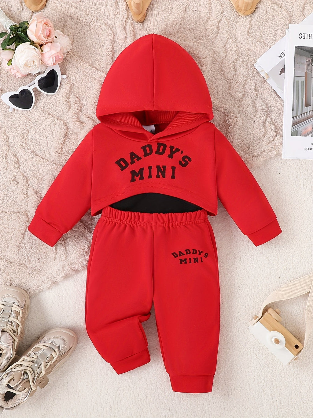 Baby Girl Daddy's Mini Outfit Set with a Cropped Hoodie Cami Top and Cuffed Pants in Sepia Tones