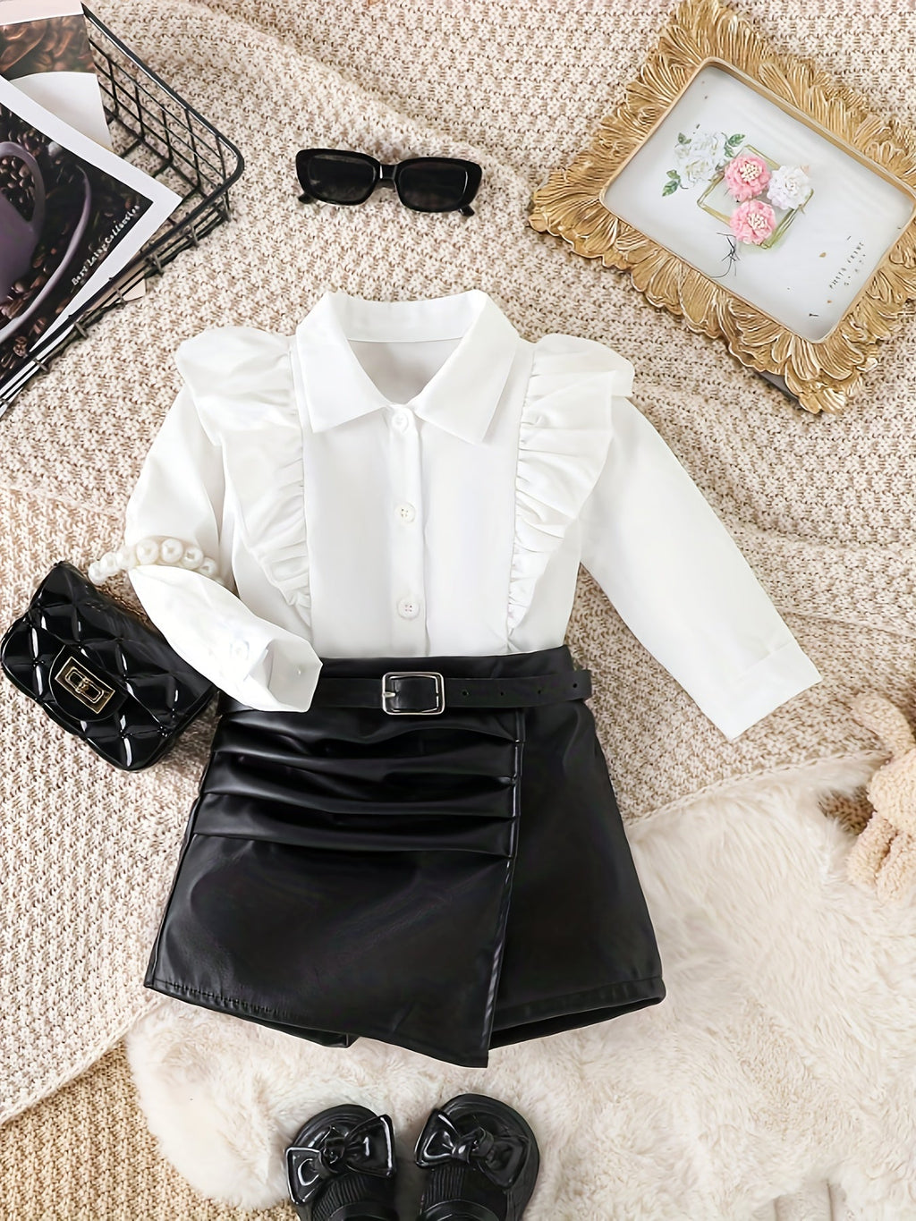 Baby Girls' Blouse and Skort Set with Ruffle Shoulders and a Wrap Front for Dressy Summer Outfits