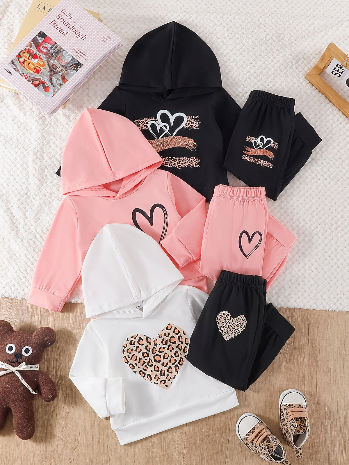 Baby Girl Hoodie Pants Set in a Six Piece Heart and Leopard Print Bundle with Pink Black and White Tops