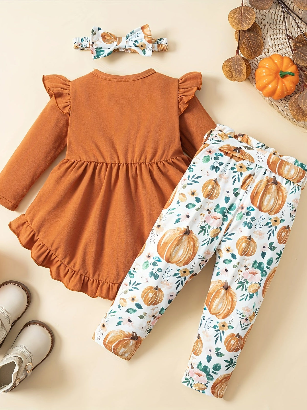 Toddler Girls' Pumpkin Top and Pants Set with Ruffle Details and a Matching Bow Headband for Fall Outfits