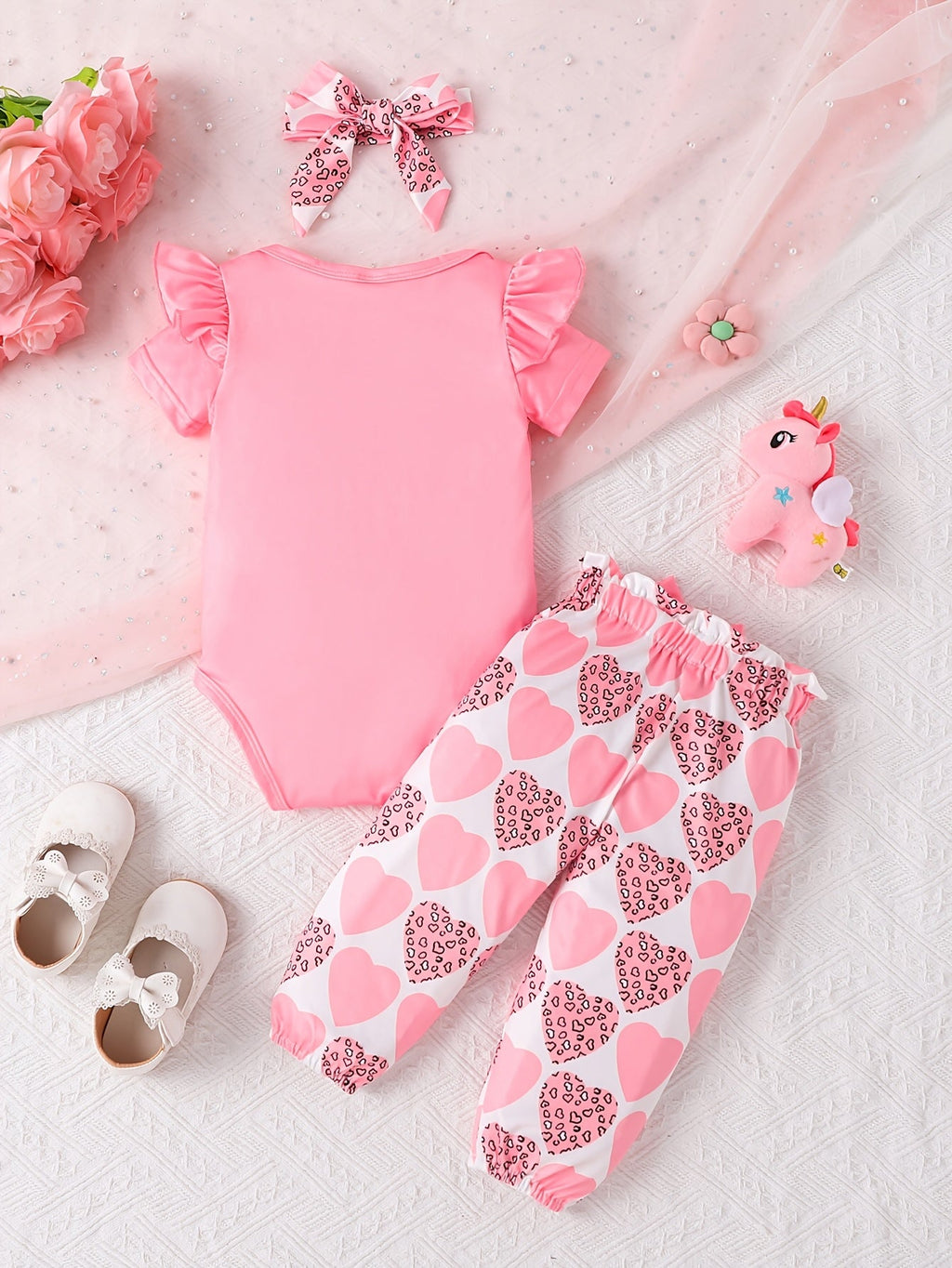 Baby Girls' Two Pink Outfit Sets with Printed Bodysuits and Pants in Cow and Princess-Themed Designs