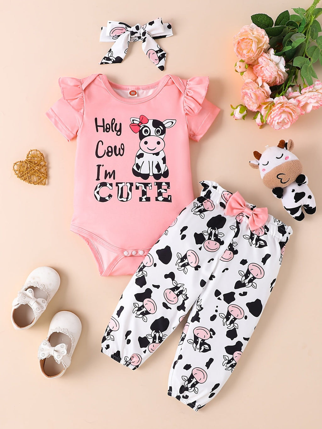 Baby Girls' Two Pink Outfit Sets with Printed Bodysuits and Pants in Cow and Princess-Themed Designs