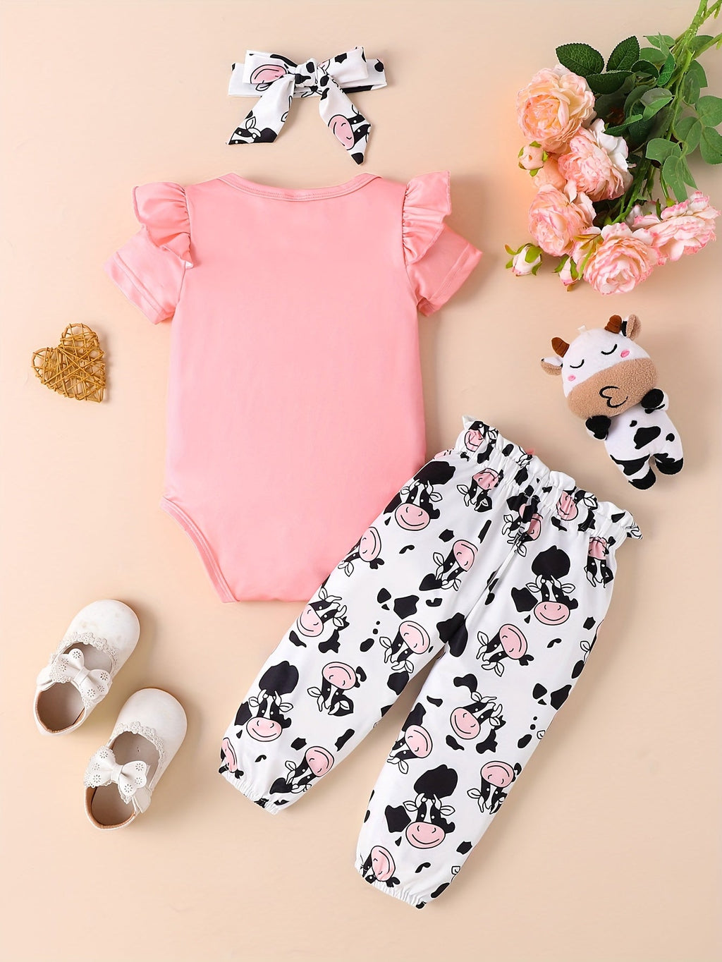 Baby Girls' Two Pink Outfit Sets with Printed Bodysuits and Pants in Cow and Princess-Themed Designs