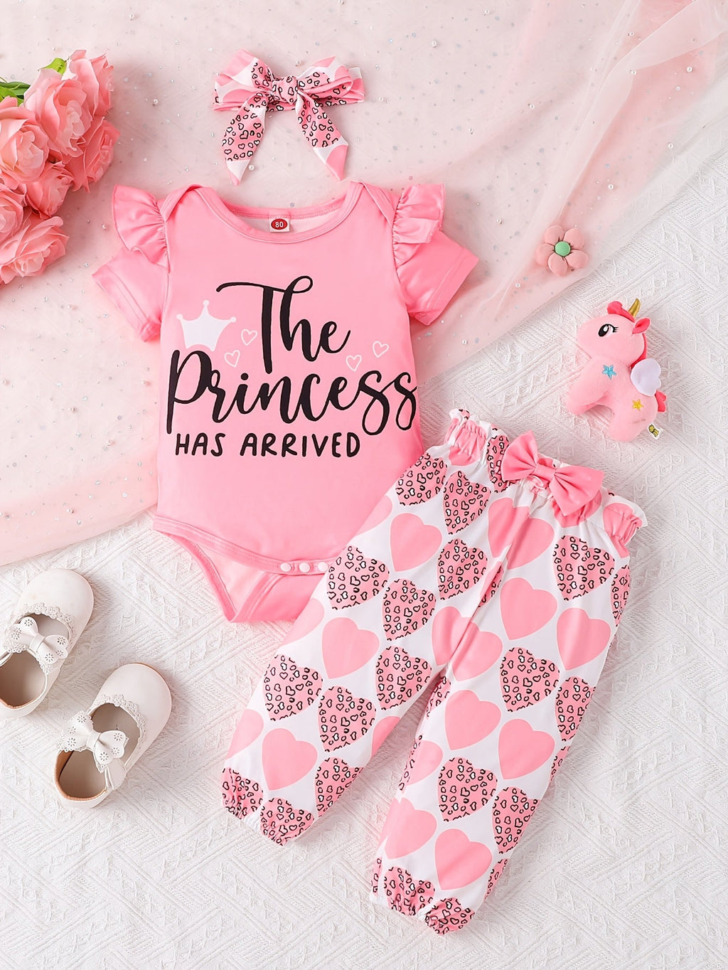 Baby Girls' Two Pink Outfit Sets with Printed Bodysuits and Pants in Cow and Princess-Themed Designs