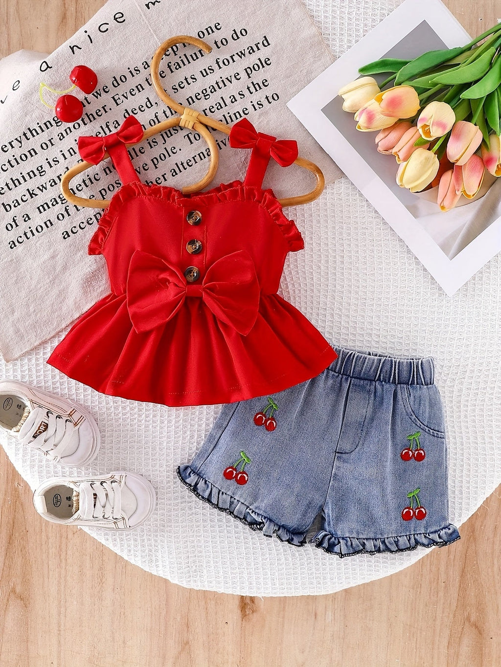 Baby Girls Red Bow Peplum Top and Cherry Embroidered Denim Shorts Set for Summer Outings and Photos