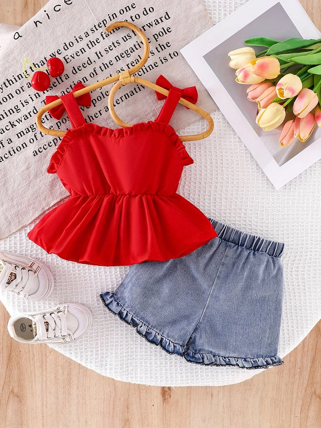 Baby Girls Red Bow Peplum Top and Cherry Embroidered Denim Shorts Set for Summer Outings and Photos