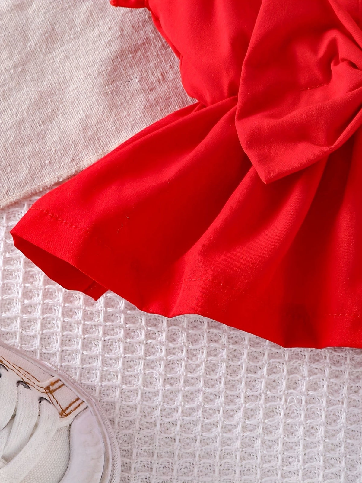 Baby Girls Red Bow Peplum Top and Cherry Embroidered Denim Shorts Set for Summer Outings and Photos
